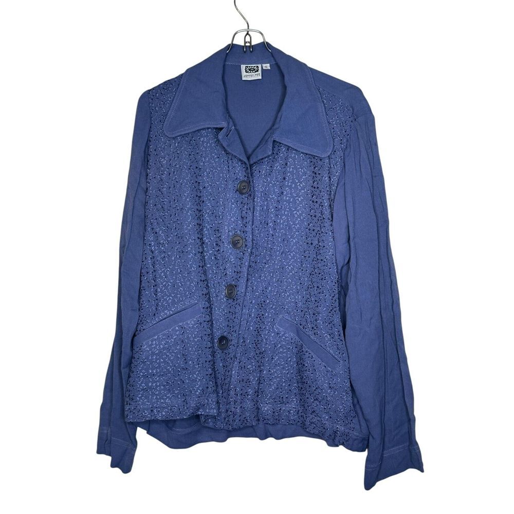 Johnny Was Womens Jacket Front Button Textured Faux Pocket Longsleeve Blue Small